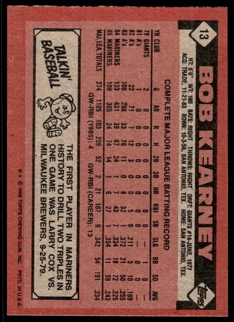 1986 Topps Baseball Card Bob Kearney B Seattle Mariners #13