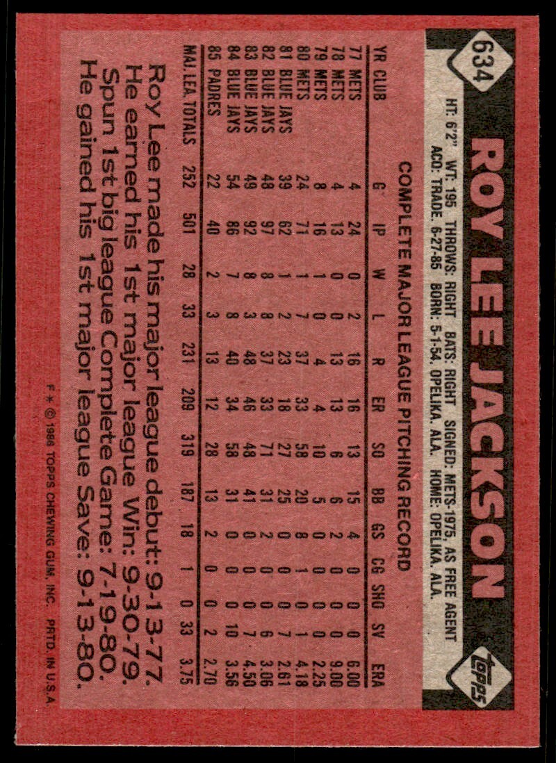 1986 Topps Baseball Card Roy Lee Jackson A San Diego Padres #634