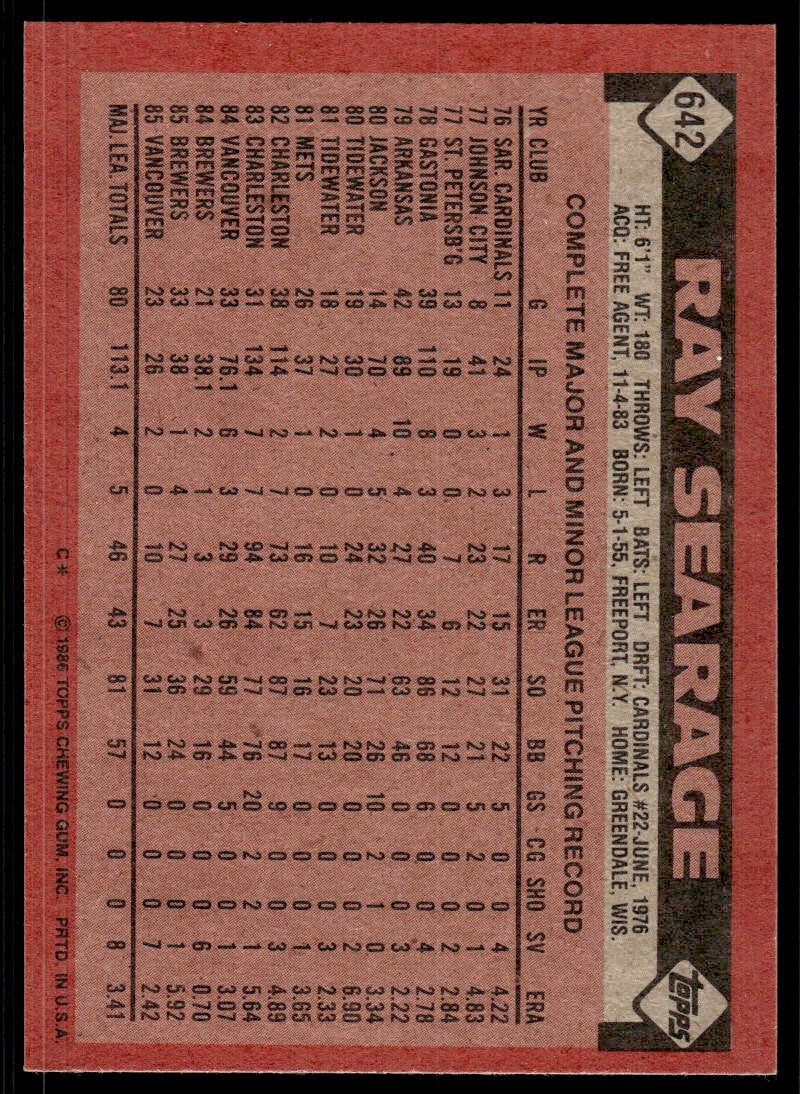 1986 Topps Baseball Card Ray Searage A Milwaukee Brewers #642