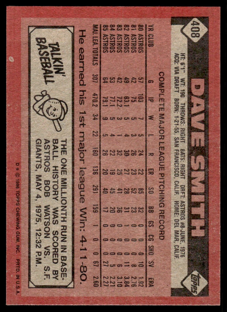 1986 Topps Baseball Card Dave Smith Houston Astros #408