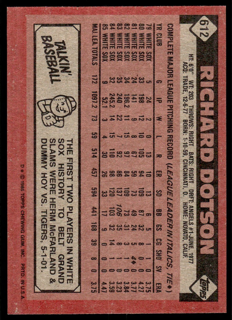 1986 Topps Baseball Card Richard Dotson C Chicago White Sox #612