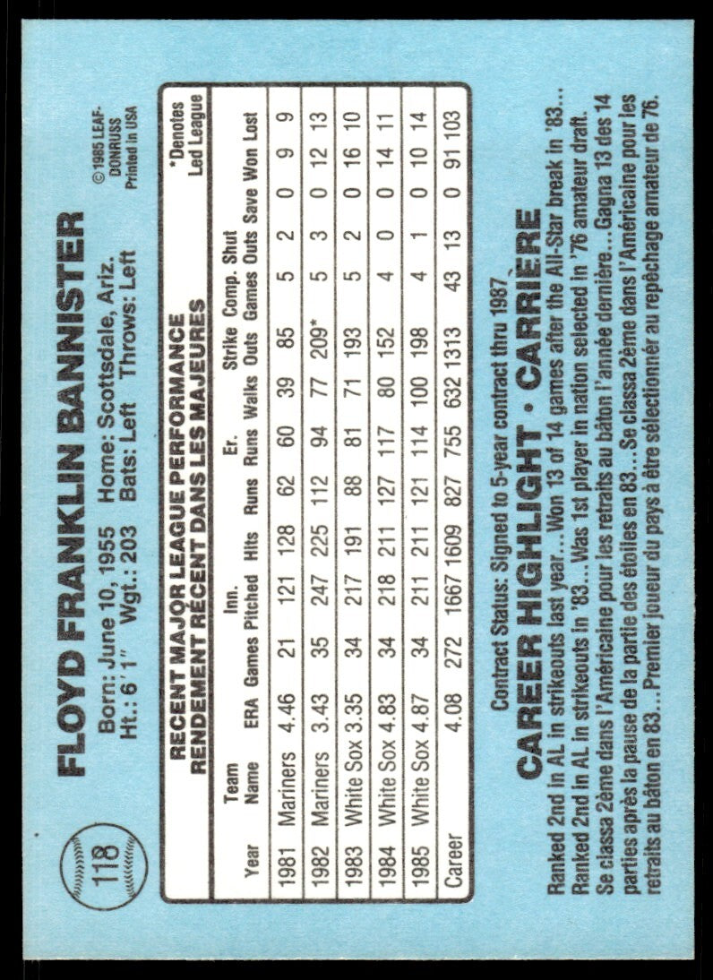 1986 Leaf Baseball Card Floyd Bannister Chicago White Sox #118