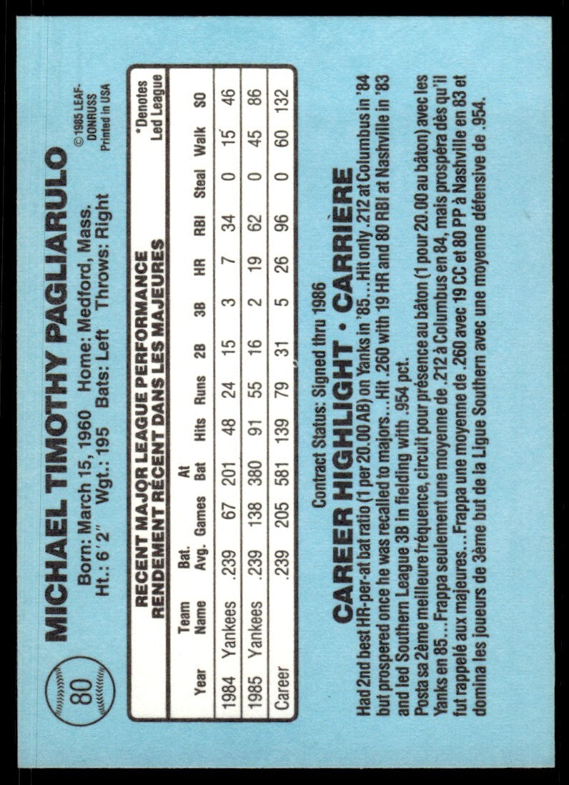 1986 Leaf Baseball Card Mike Pagliarulo New York Yankees #80