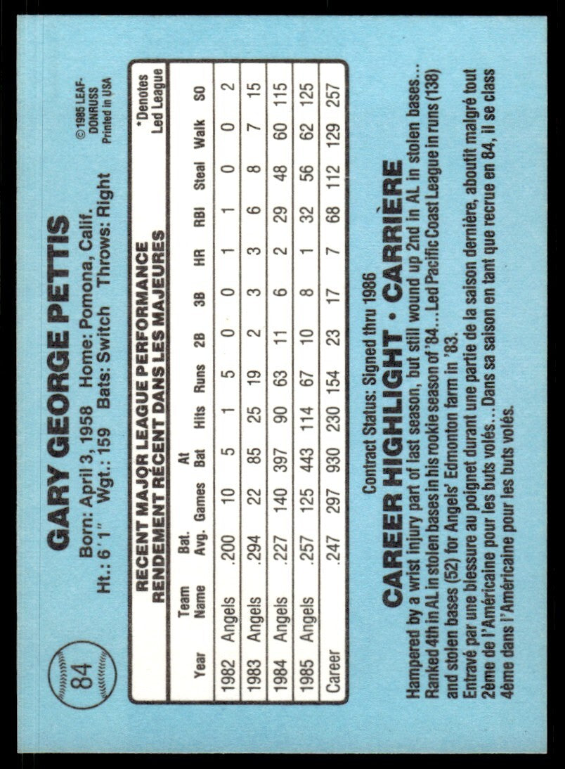 1986 Leaf Baseball Card Gary Pettis California Angels #84