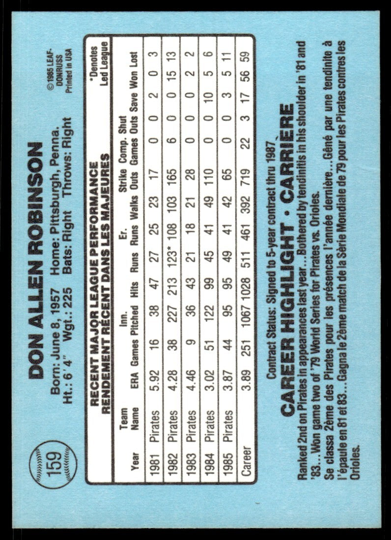 1986 Leaf Baseball Card Don Robinson Pittsburgh Pirates #159