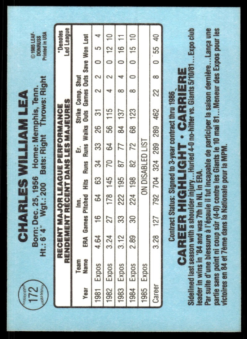 1986 Leaf Baseball Card Charlie Lea Montreal Expos #172