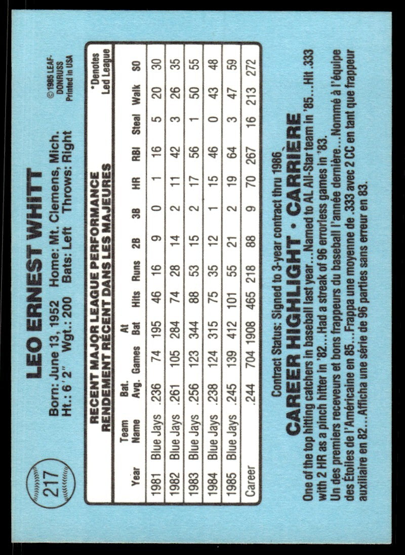 1986 Leaf Baseball Card Ernie Whitt Toronto Blue Jays #217