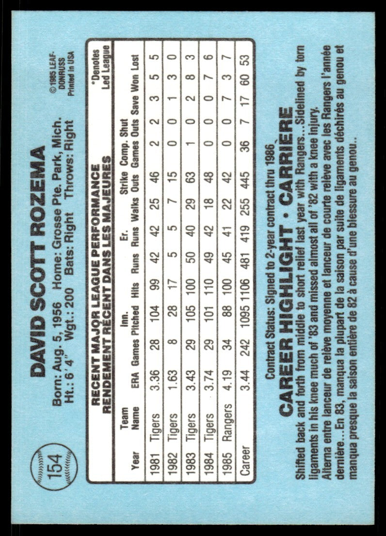 1986 Leaf Baseball Card Dave Rozema Texas Rangers #154