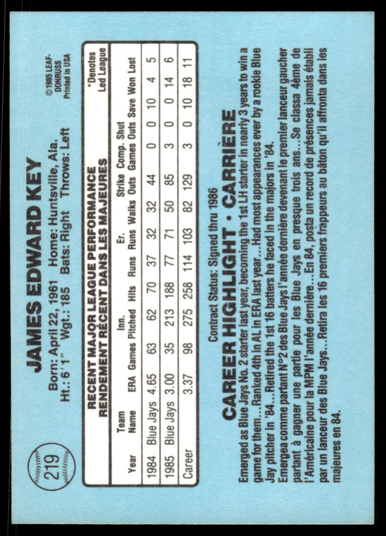 1986 Leaf Baseball Card Jimmy Key Toronto Blue Jays #219
