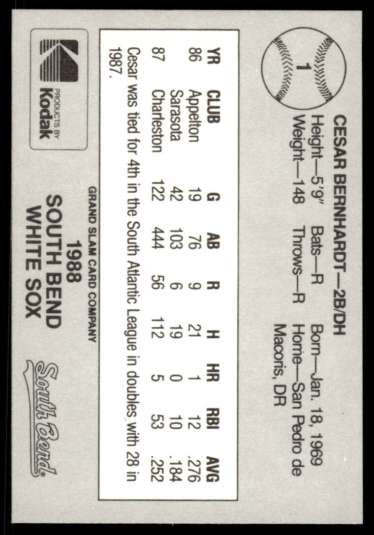 1988 Grand Slam Baseball Card Cesar Bernhardt South Bend White Sox #1