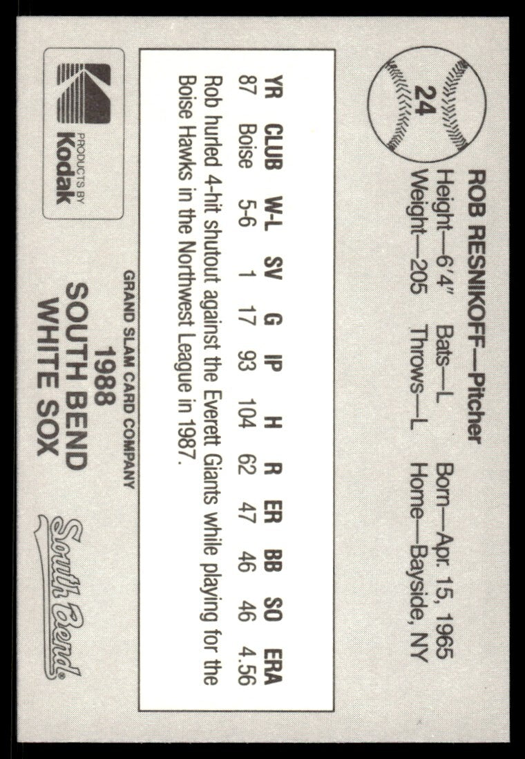1988 Grand Slam Baseball Card Rob Resnikoff South Bend White Sox #24