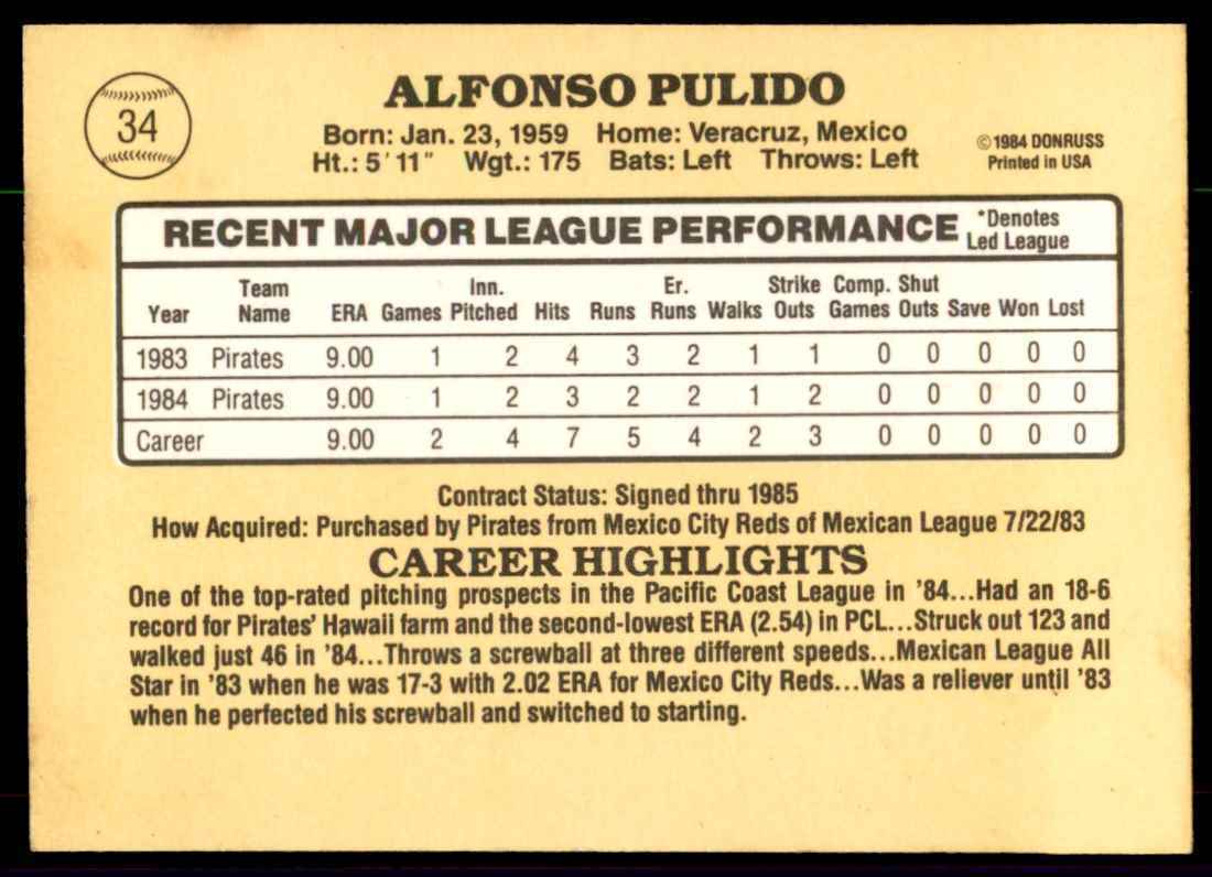 1985 Donruss Alfonso Pulido Baseball Cards #34