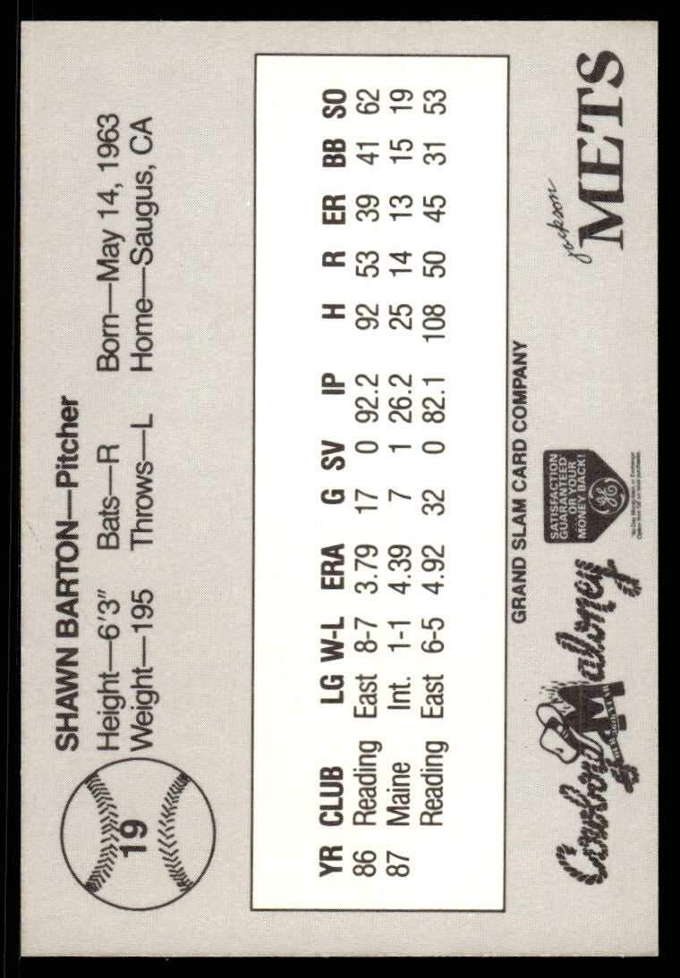 1988 Grand Slam Baseball Card Shawn Barton A Jackson Mets #19