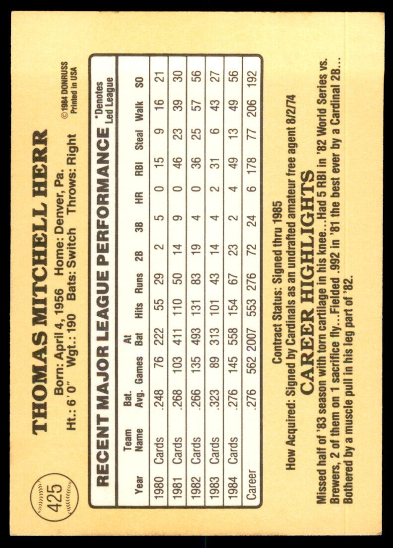 1985 Donruss Tom Herr Baseball Cards #425