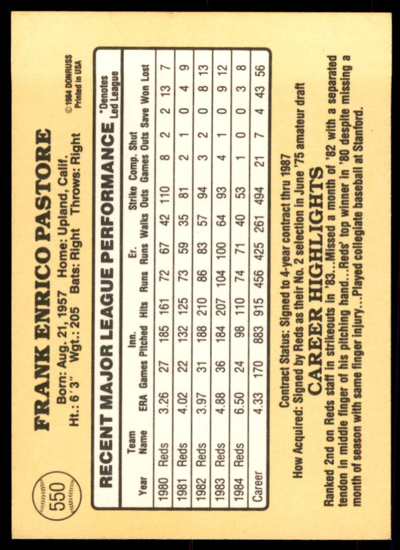 1985 Donruss Frank Pastore Baseball Cards #550
