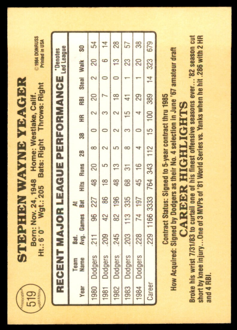 1985 Donruss Steve Yeager Baseball Cards #519