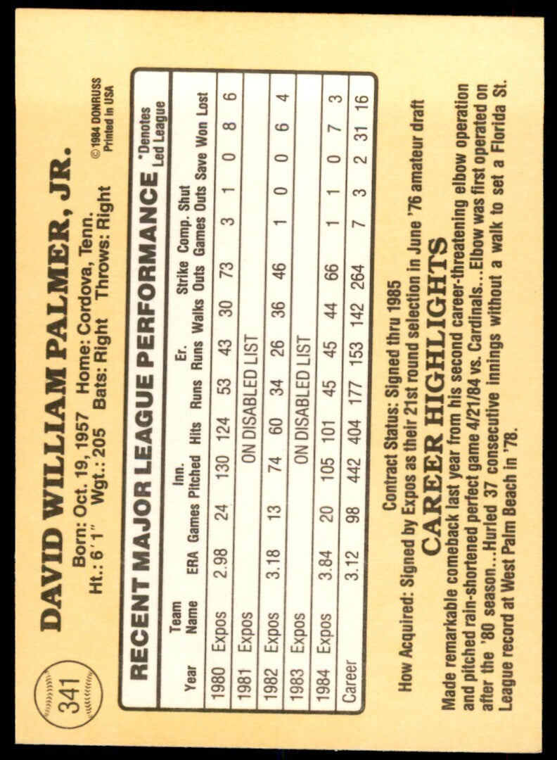 1985 Donruss David Palmer Baseball Cards #341
