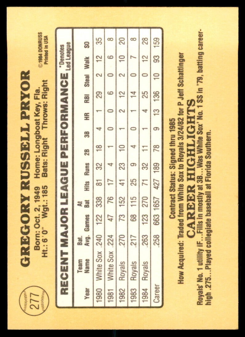 1985 Donruss Greg Pryor Baseball Cards #277
