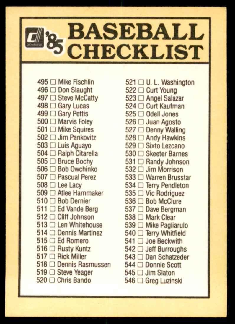 1985 Donruss Checklist Baseball Cards #5