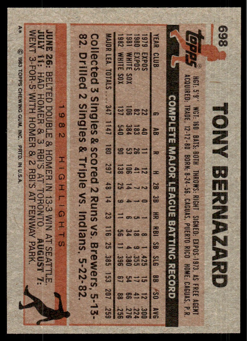 1983 Topps Baseball Card Tony Bernazard Chicago White Sox #698