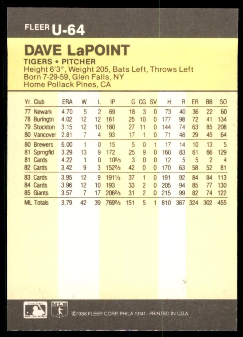 1986 Fleer Update Dave LaPoint Baseball Cards #U-64