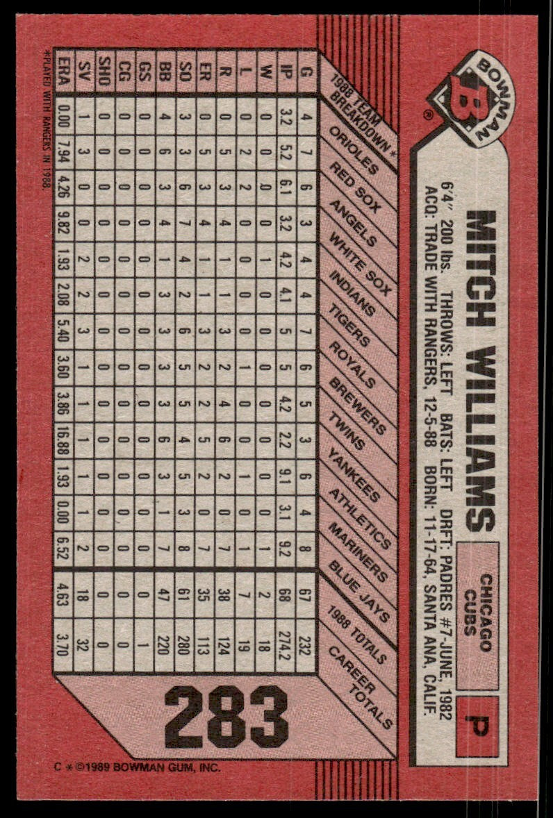 1989 Bowman Baseball Card Mitch Williams Chicago Cubs #283