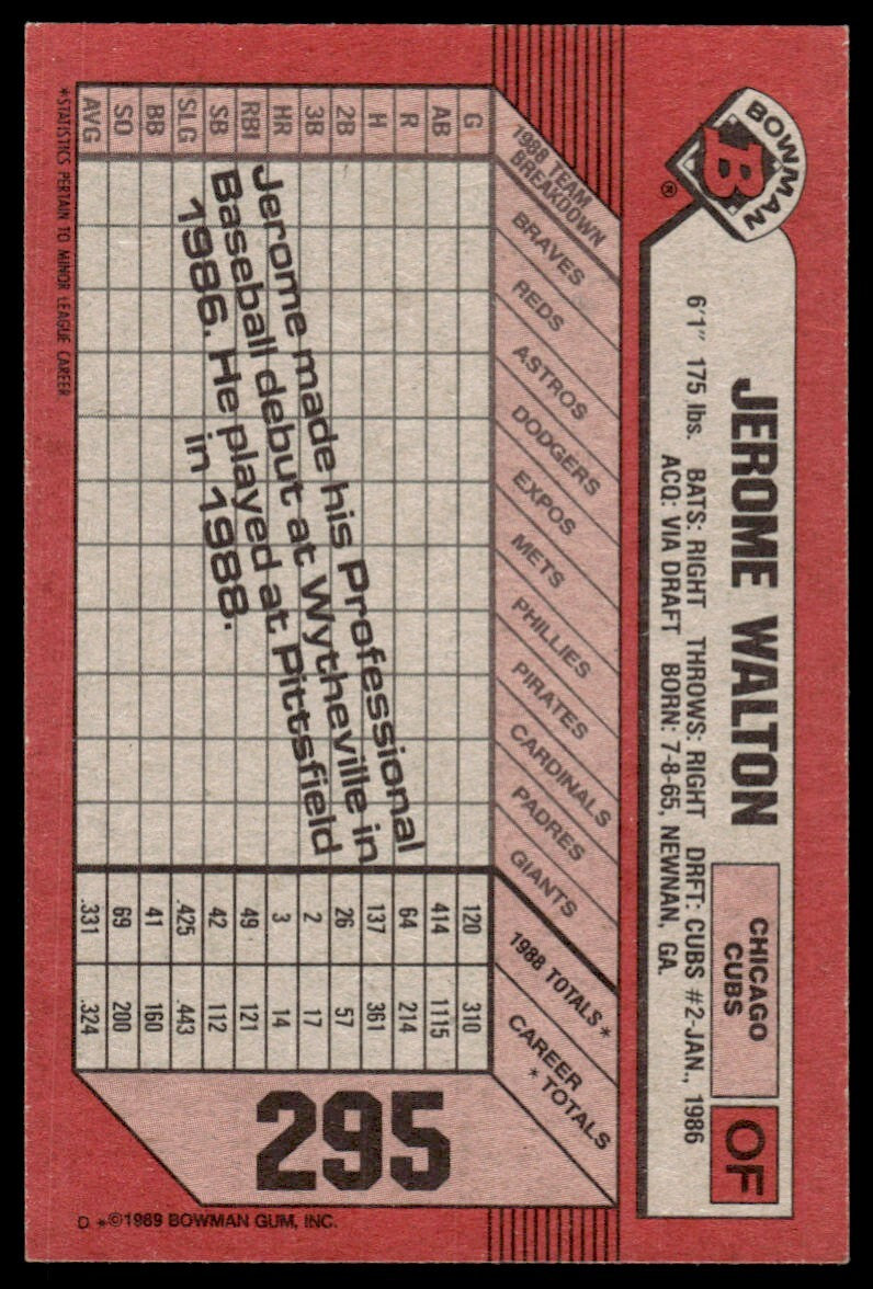 1989 Bowman Baseball Card Jerome Walton Rookie AA Chicago Cubs #295