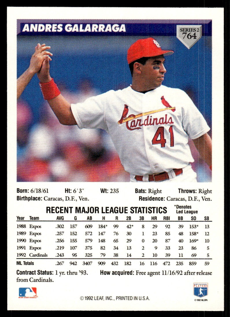 1993 Donruss Baseball Card Andres Galarraga Colorado Rockies #764