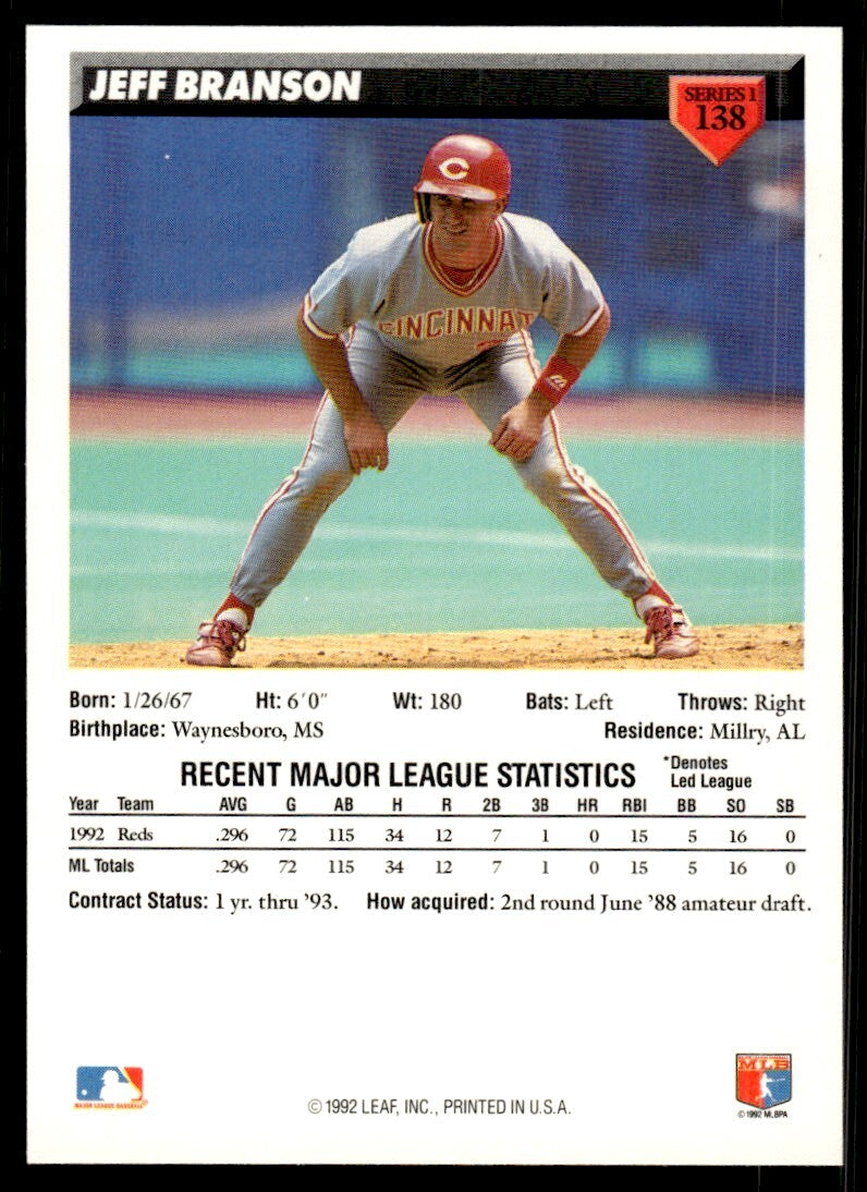 1993 Donruss Baseball Card Jeff Branson Cincinnati Reds #138