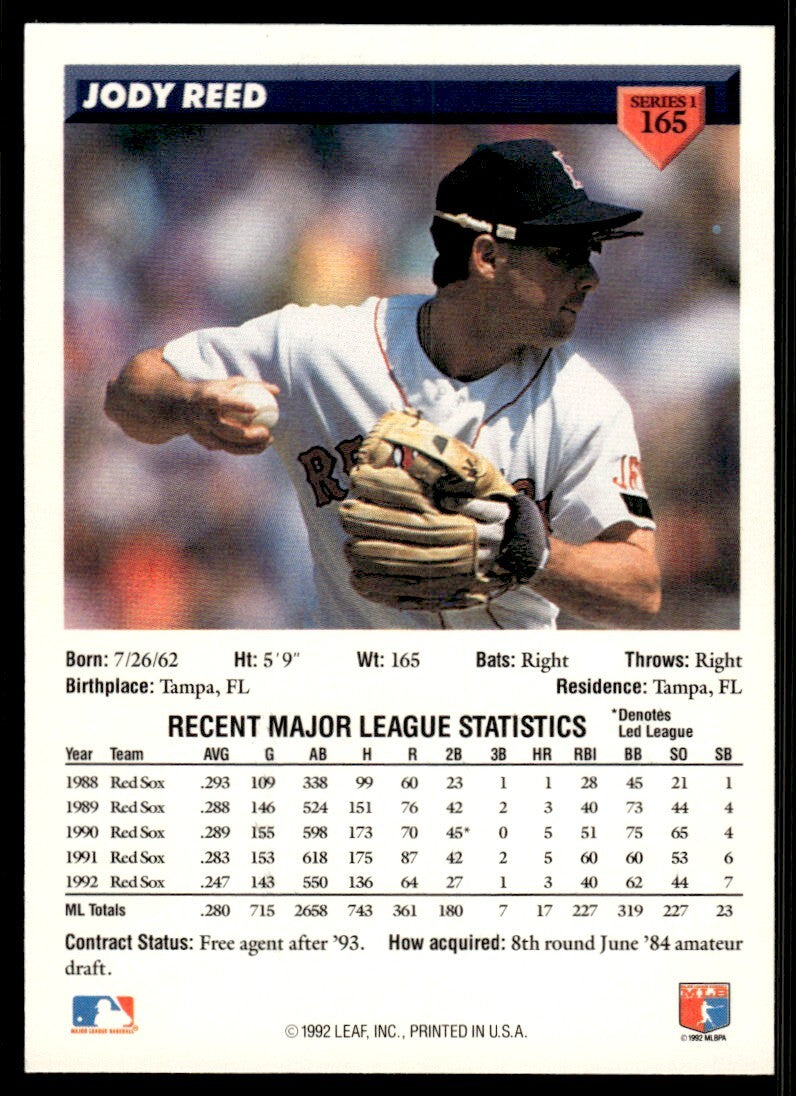 1993 Donruss Baseball Card Jody Reed Boston Red Sox #165
