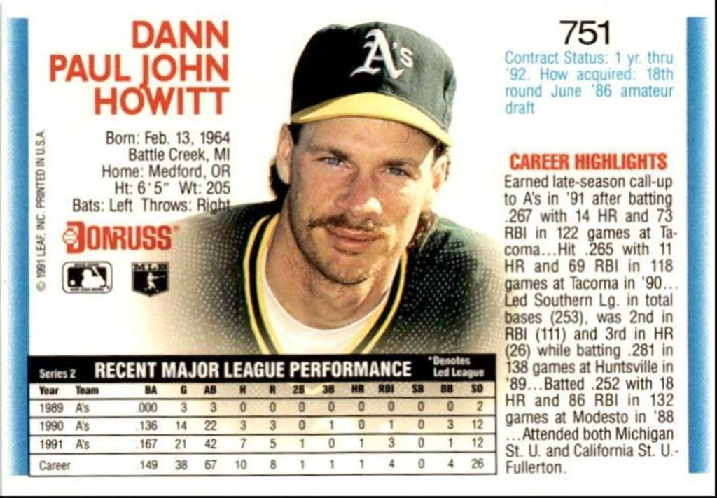 1992 Donruss Dann Howitt Oakland Athletics #751