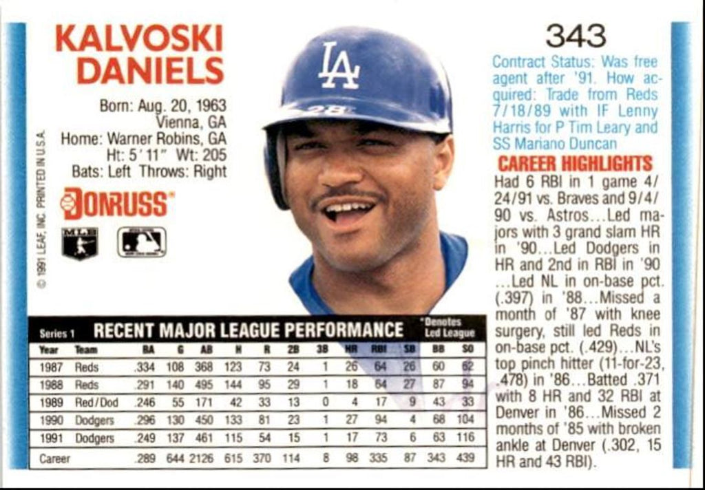 1992 Donruss Kal Daniels Los Angeles Dodgers #343