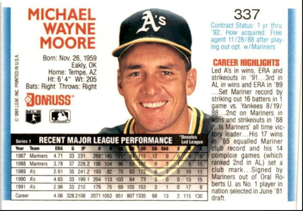 1992 Donruss Mike Moore Oakland Athletics #337