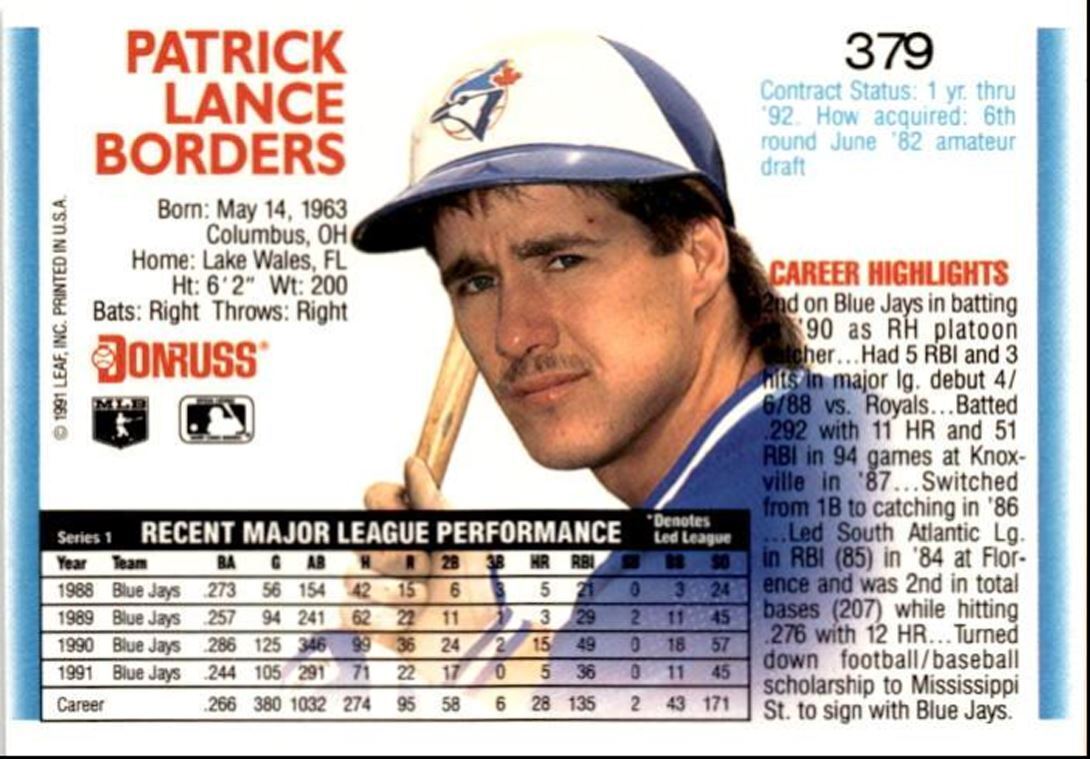 1992 Donruss Pat Borders Toronto Blue Jays #379