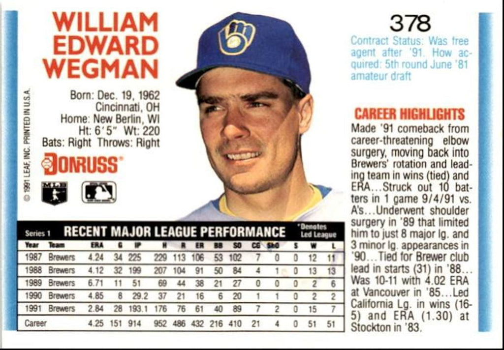 1992 Donruss Bill Wegman Milwaukee Brewers #378