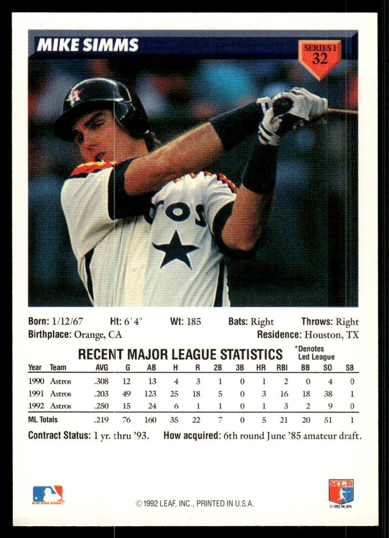 1993 Donruss Baseball Card Mike Simms Houston Astros #32