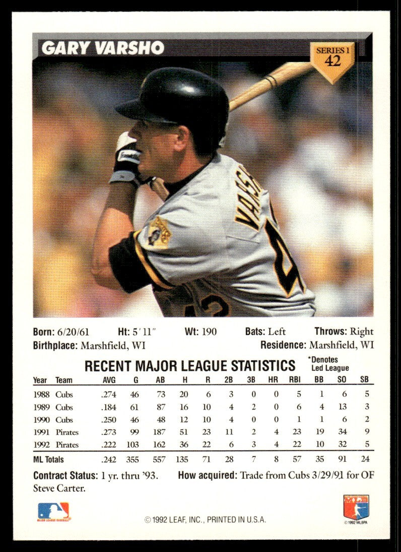 1993 Donruss Baseball Card Gary Varsho Pittsburgh Pirates #42