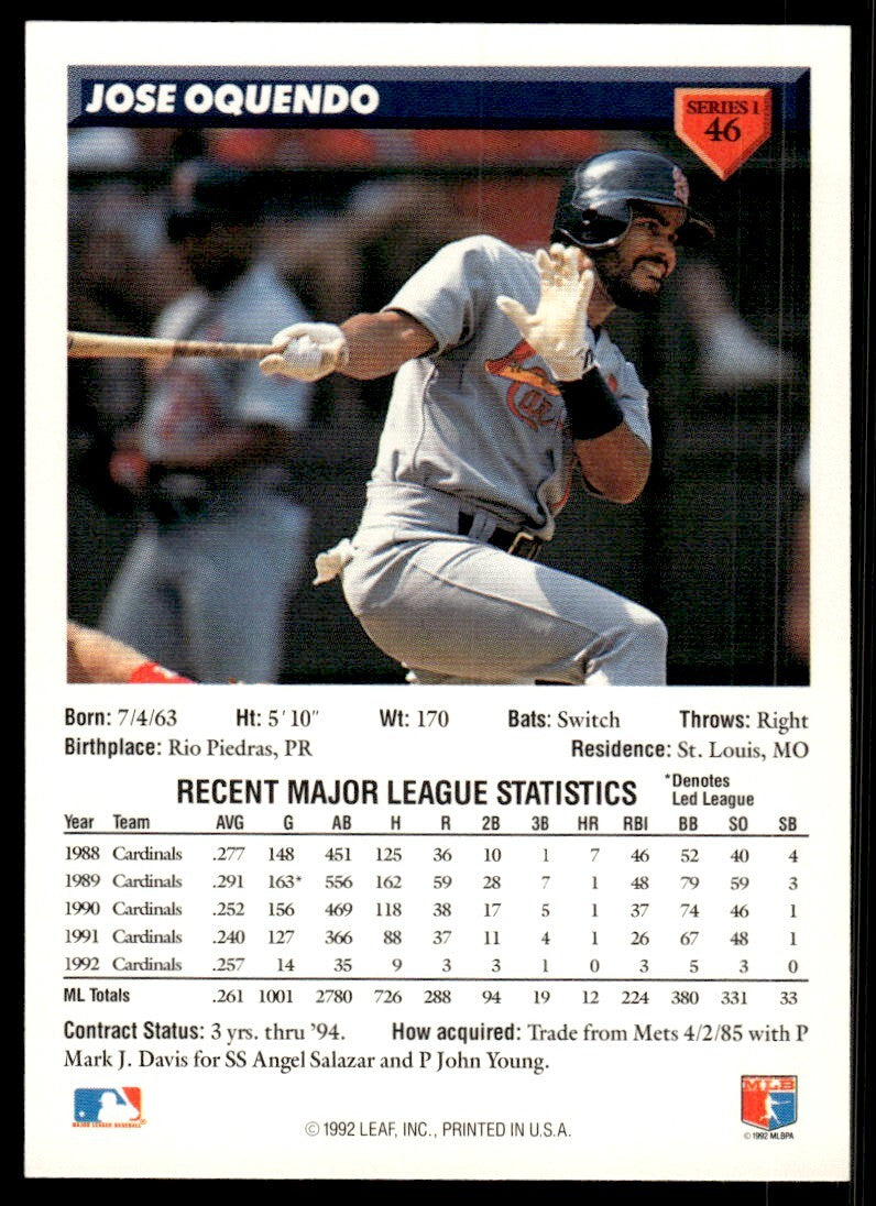 1993 Donruss Baseball Card Jose Oquendo St. Louis Cardinals #46
