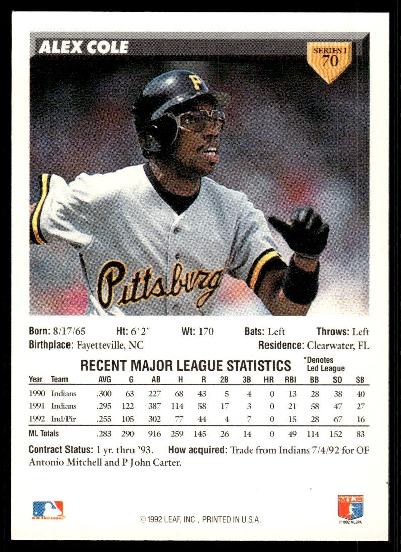 1993 Donruss Baseball Card Alex Cole Pittsburgh Pirates #70