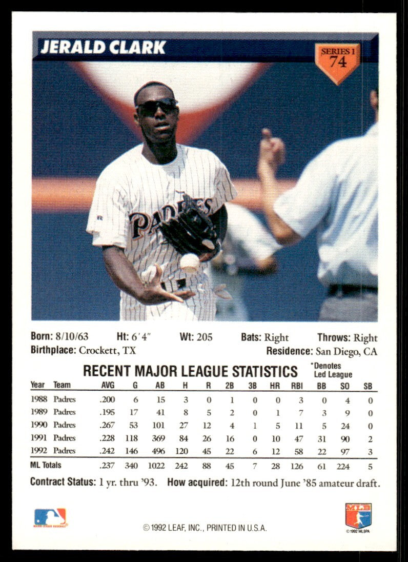 1993 Donruss Baseball Card Jerald Clark San Diego Padres #74