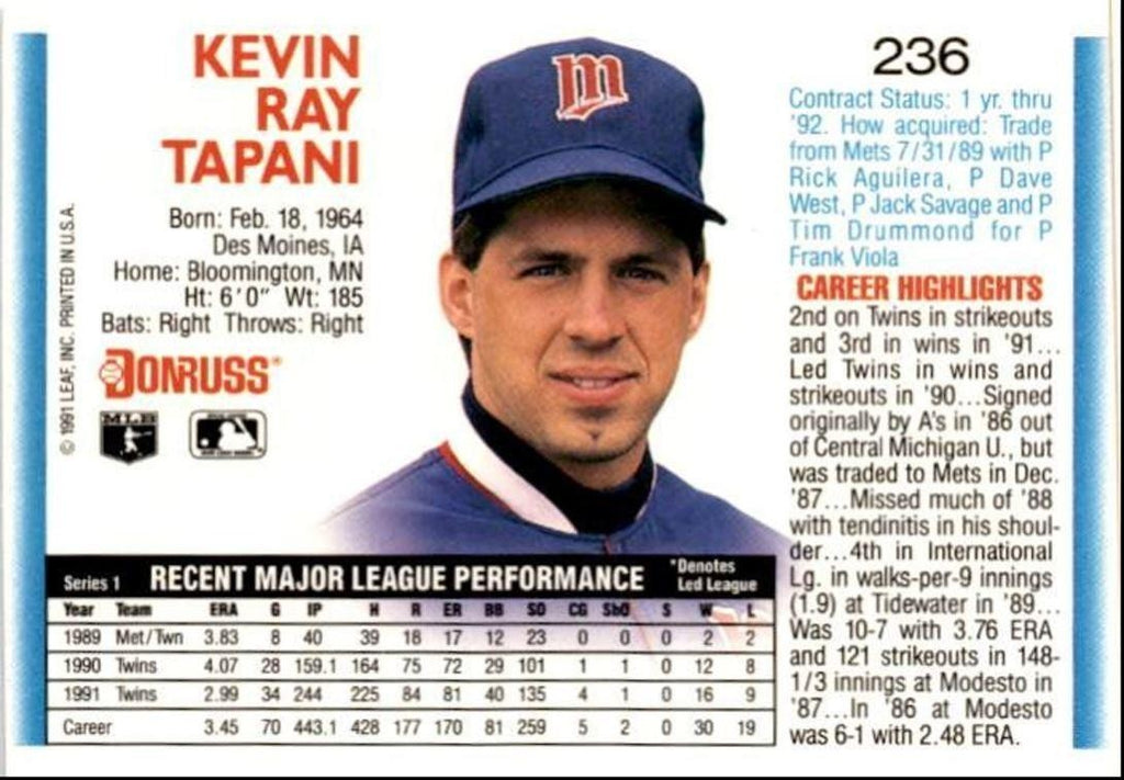 1992 Donruss Kevin Tapani Minnesota Twins #236