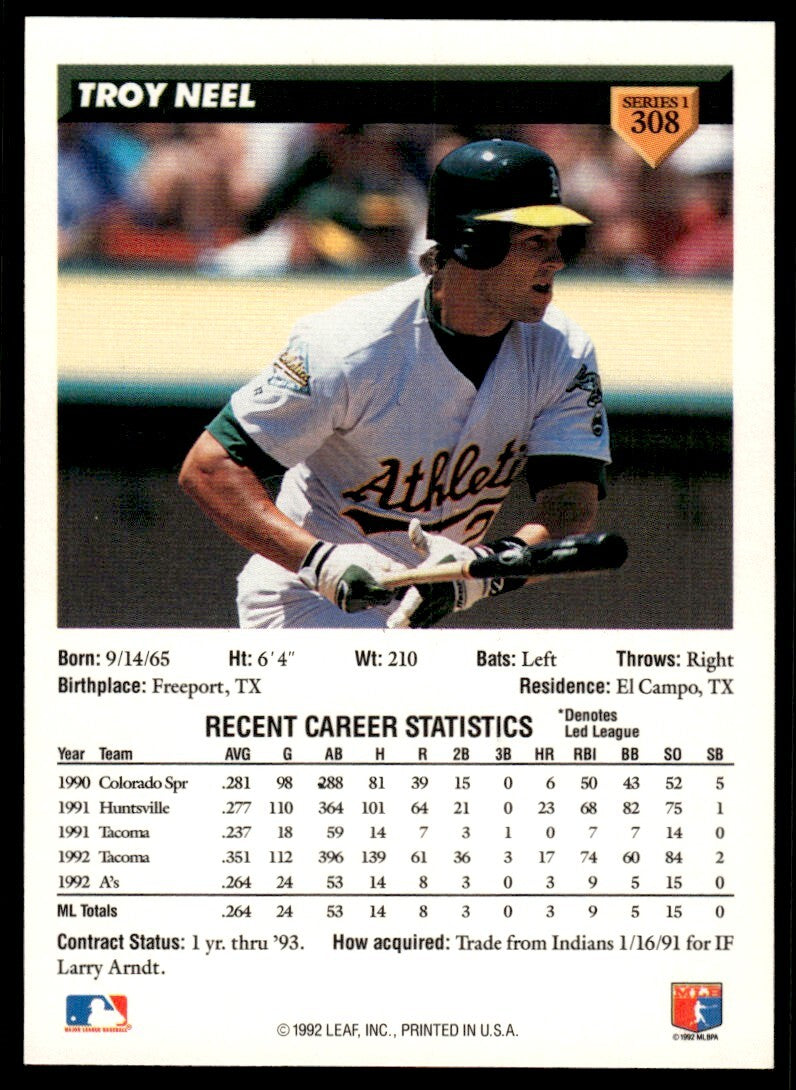 1993 Donruss Baseball Card Troy Neel Rookie Oakland Athletics #308