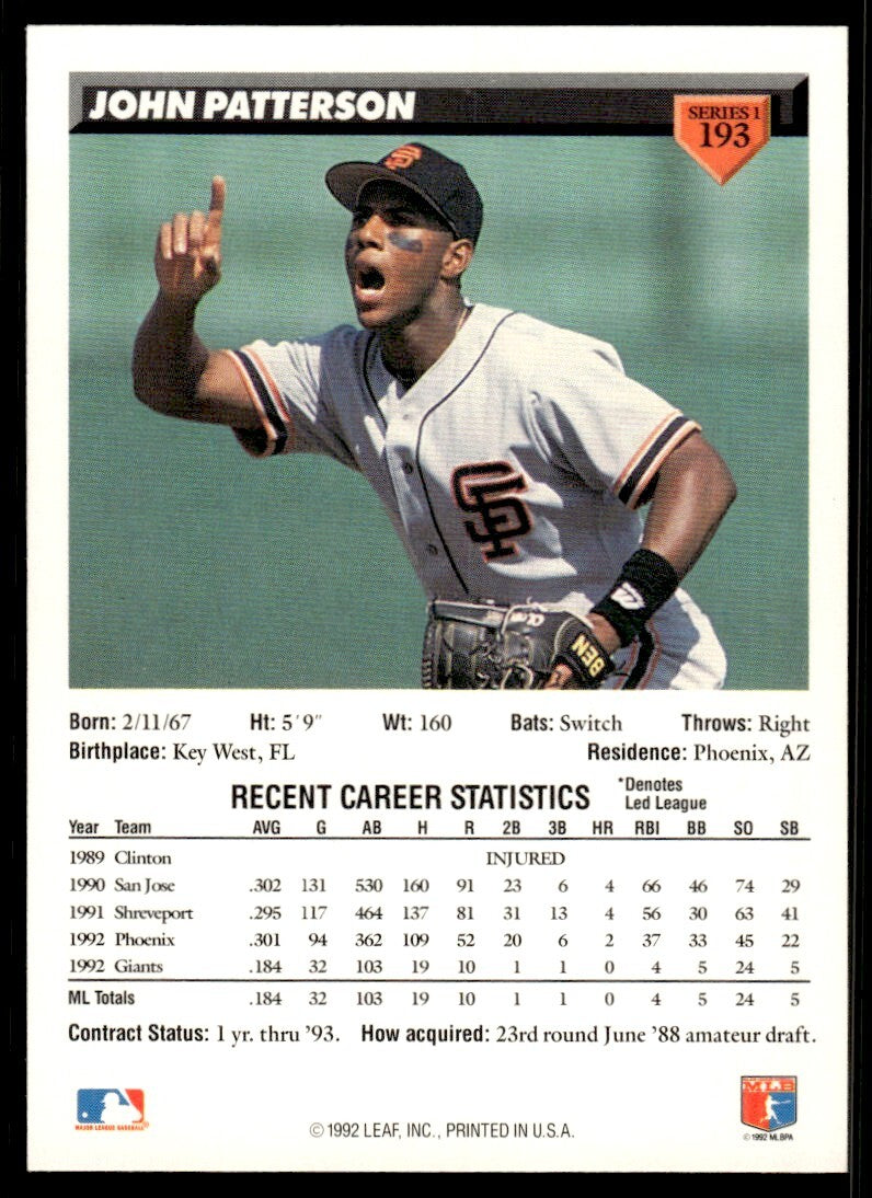 1993 Donruss Baseball Card John Patterson San Francisco Giants #193