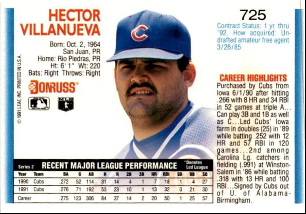 1992 Donruss Hector Villanueva Chicago Cubs #725