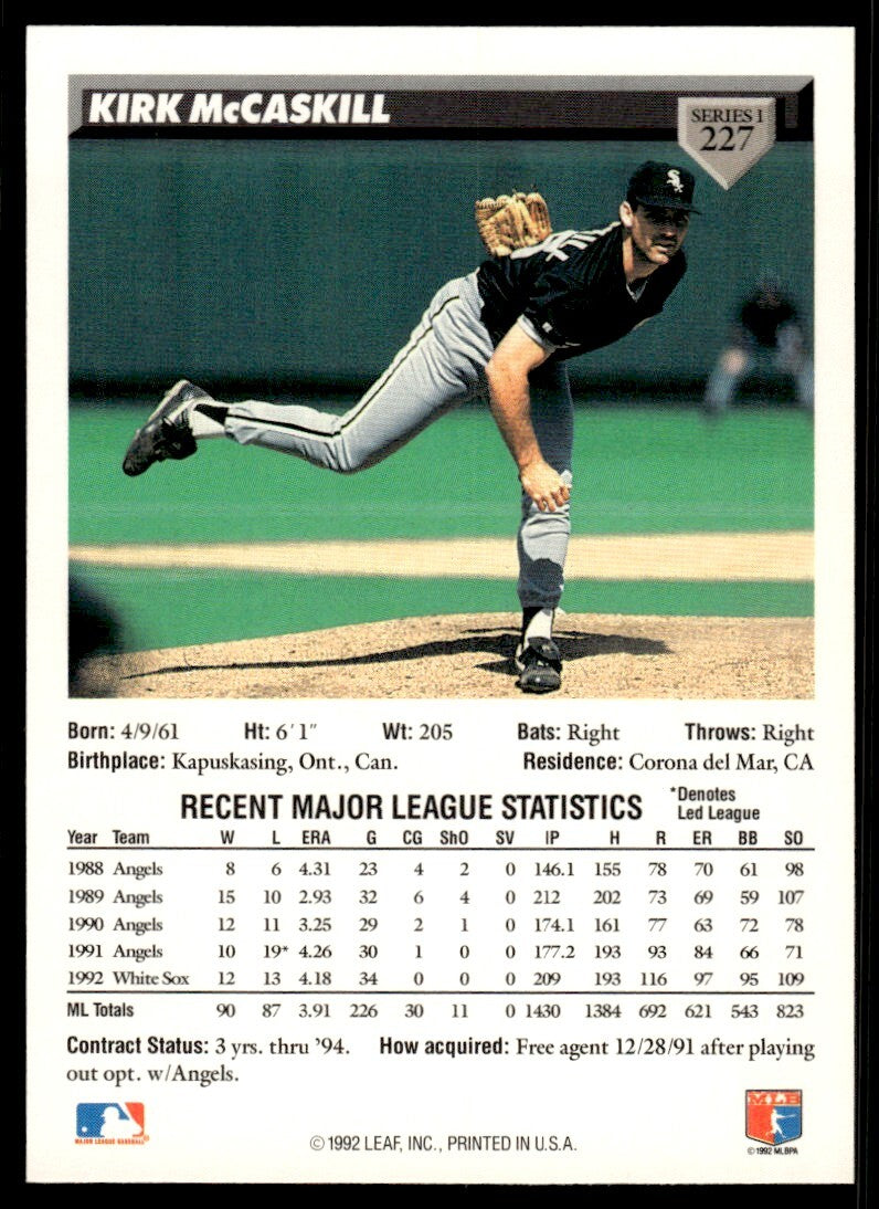 1993 Donruss Baseball Card Kirk McCaskill Chicago White Sox #227