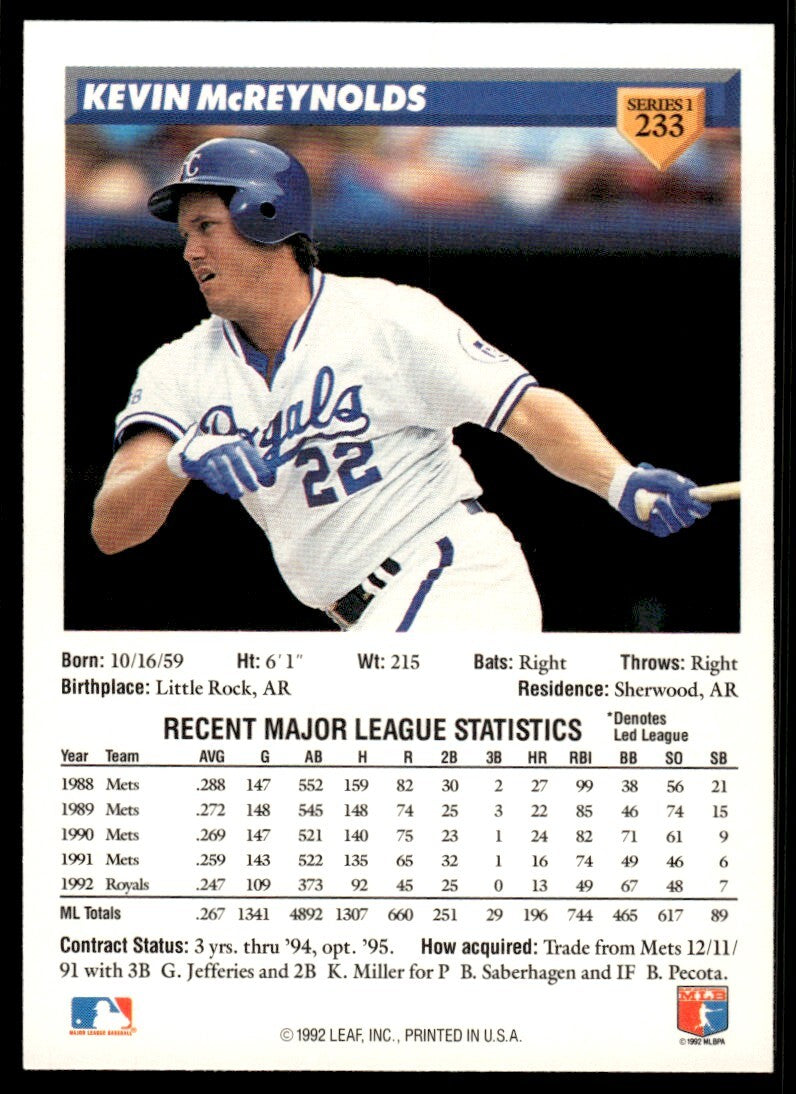 1993 Donruss Baseball Card Kevin McReynolds Kansas City Royals #233