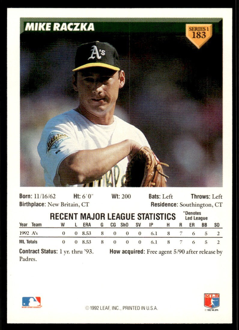 1993 Donruss Baseball Card Mike Raczka Rookie Oakland Athletics #183