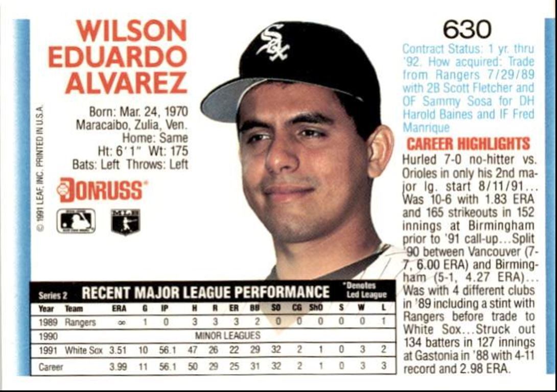 1992 Donruss Wilson Alvarez Chicago White Sox #630