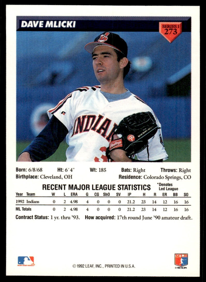 1993 Donruss Baseball Card Dave Mlicki Cleveland Indians #273