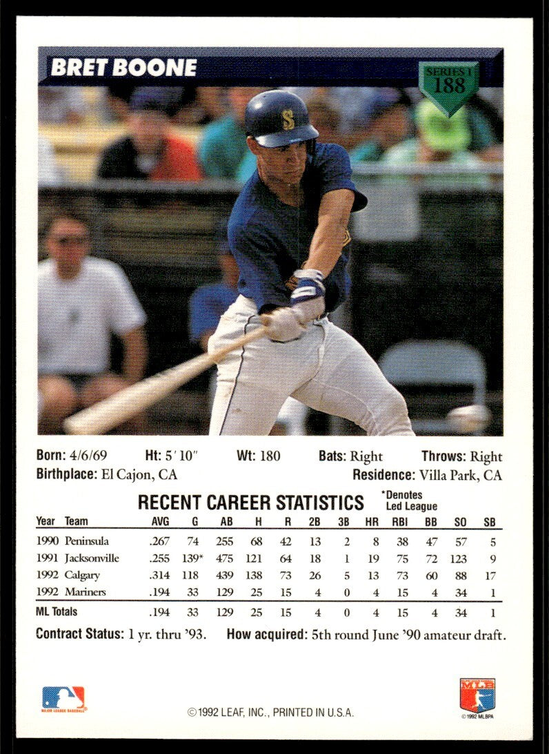 1993 Donruss Baseball Card Bret Boone Seattle Mariners #188